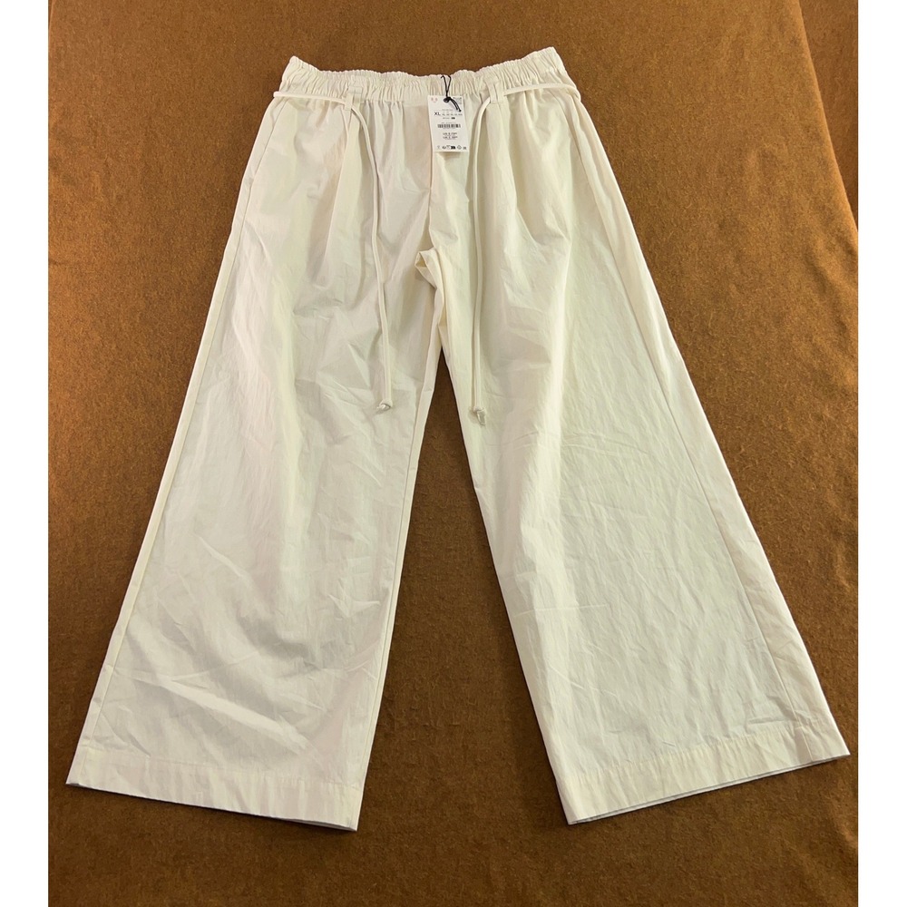 Zara Womens XL Cream Off-White Drawstring Wide Leg Cotton Trousers Pants *Flaw